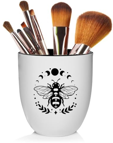 Makeup Brush Bathroom Toothbrush Holder Ceramic Cup Bee and Moon (White)
