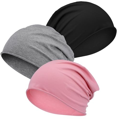 DOPENSPI 3 Stück Beanie Damen, dünne Baumwollmützen Mütze Herren und Damen elastisch Laufmütze Atmungsaktive Mütze für Yoga, Schlaf und Alltag Schwarz Grau Pink