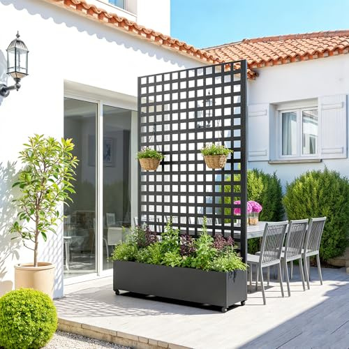 casa.pro Blumenkasten mit Sichtschutz Toma Rankgitter Metall verzinkt Balkon Pflanzkübel hoch 190 x 82 x 38 cm Trennwand mit Rollen Schwarz