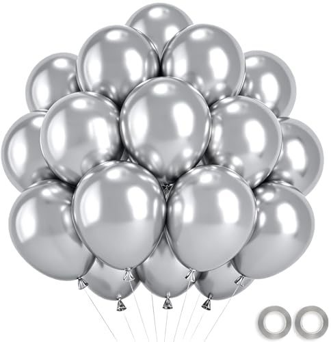 Wayfun Luftballons Silber Metallic, 52 Stück 12 Zoll Chrom Silber Luftballons, Helium Ballons für Geburtstag, Silberhochzeit Deko, Babyparty Deko, Taufe, Neujahr, Silvester, Graduation Dekoration