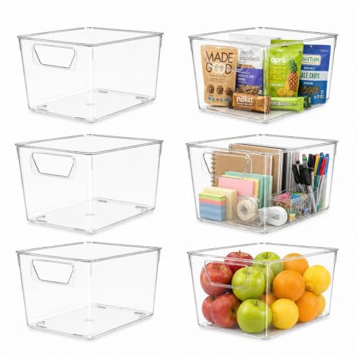 Sydroya 6 Pack Clear Plastic Storage Bins, Clear Storage Boxes with Handle, Kitchen Storage Organiser for Refrigerator, Fridge, Cupboard, Cabinet, Bathroom, Pantry Organisation
