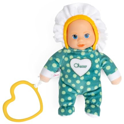 Chicco Mini Puppe My Doudou Doll Fiore, 18 cm groß, weiche Stoffpuppe mit Vinylkopf und handbemalten Details, sensorisches Spielzeug mit Herzring und sanften Farben, maschinenwaschbar, ab 0+ Monaten
