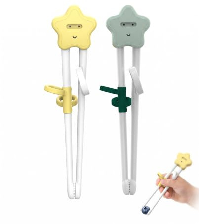 YIPFEN 2 Pares de Palillos Chinos con Guía Ergonómica, Diseño de Estrella Divertido, Palillos Antideslizantes para Mejorar la Coordinación Manual, Verde y Amarillo