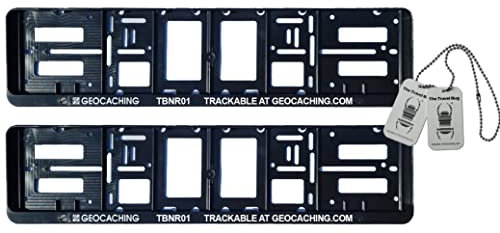 2 x Auto - Kennzeichenhalter Nummernschildverstärker - Trackbar mit TravelBug und CopyTag Geocaching KFZ TB