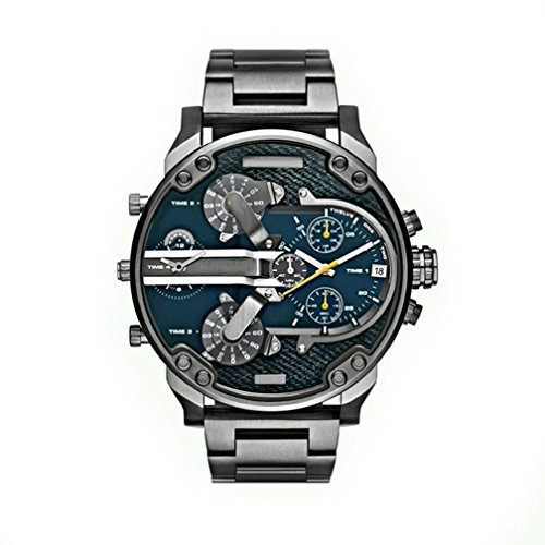 FENKOO Herren Militäruhr Quartz Kalender/Duale Zeitzonen Edelstahl Band Armbanduhr Schwarz
