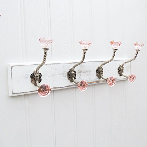 Jones & Grey Shabby Chic weiß Wandhaken Garderobe – mit 4 rosa Glas Facet/Silber Haken