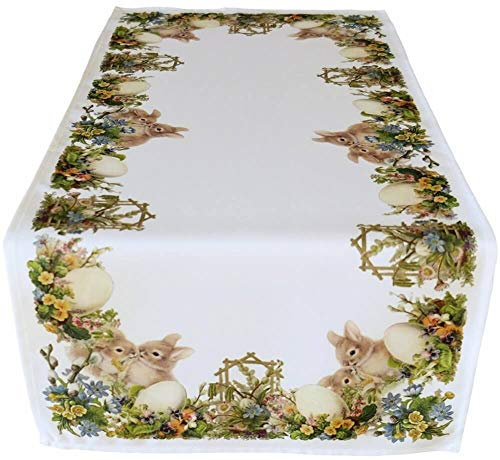matches21 HOME & HOBBY Tischläufer Ruth 40 x 90 cm nostalgische Osterhasen & Blumen Mitteldecke Bedruckt Polyester
