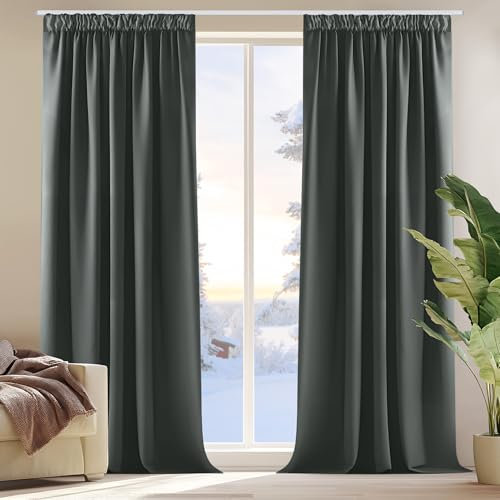 Deconovo Dicke Thermovorhänge Blickdicht Vorhang Gardinen Verdunkelungsvorhänge mit Kräuselband, 220x140cm(HöhexBreite), Dunkelgrau, 2er Set