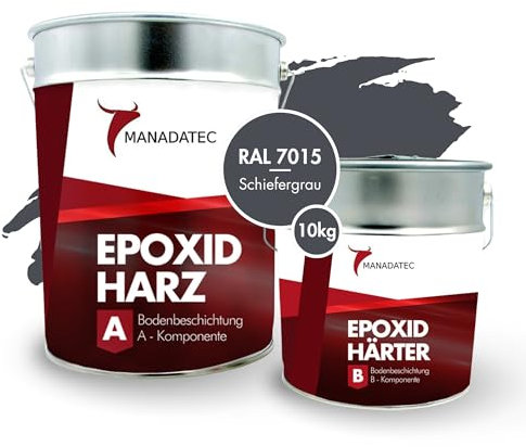 MANADATEC 2k Epoxidharz Bodenbeschichtung 10kg I RAL 7015 Schiefergrau I Lösemittelfrei, Umweltfreundlich & Geruchsneutral I Beschichtung für Garagen- & Kellerböden I Hohe Schlagfestigkeit