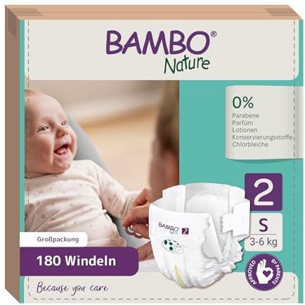 Bambo Nature Premium Eco Windeln, Mini Größe 2, 3-6 kg, 6 x 30 Stück