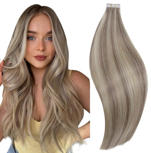 RUNATURE Tape in Extensions Echthaar Dunkel Blond mit Platinblond Tape Echthaar Extensions 30cm Remy Tape in Haarverlängerung Echthaar 30g 20 Stück 12 Zoll #19AP60