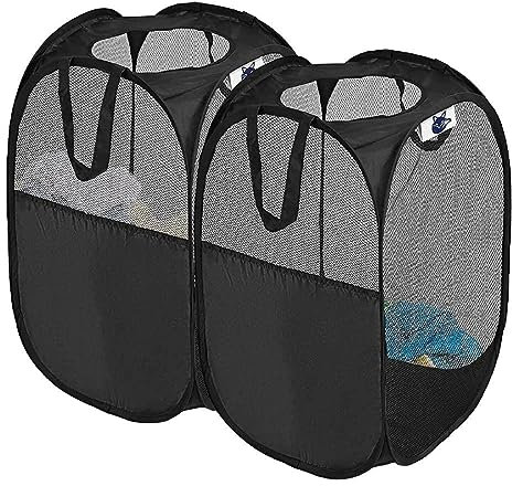 SYVOFOX 2 Pack Mesh Collapsible Laundry Baskets, Pop up Laundry Hamper Bins,Folding Washing Basket with Handles for Clothes Tidy Storage-Black