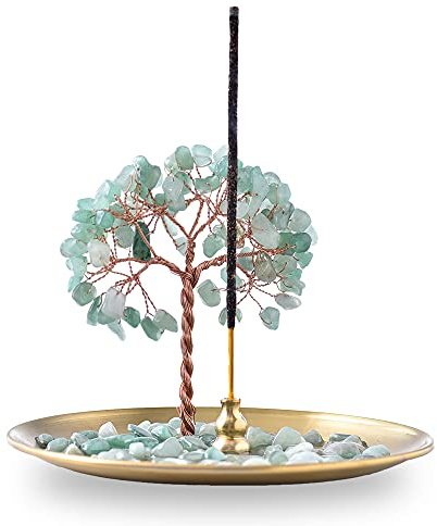 Porte-encens pour bâtons, Pierre de Cristal de guérison, Arbre à Argent, brûleur d'encens pour Yoga, méditation et décoration d'intérieur (Vert)