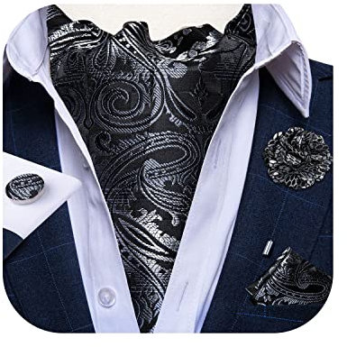 DiBanGu 4 Stück Ascot-Krawatten für Herren, Jacquard-Krawatte, Ascot-Krawatte, Einstecktuch, Manschettenknöpfe mit floralem Anstecknadel, Schwarz Weiß, Einheitsgröße