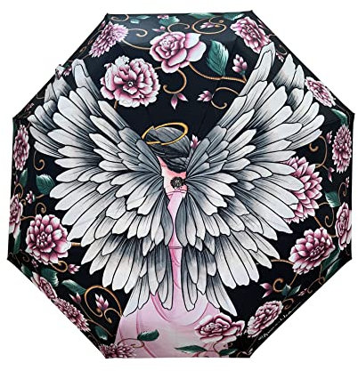 Anuschka Regenschirm mit automatischem Öffnen/Schließen – LSF 50+ – 96,5 cm wasserdichtes, winddichtes Dach – passt in die Handtasche – winddichtes, flexibles Fiberglas, Schutzengel schwarz,