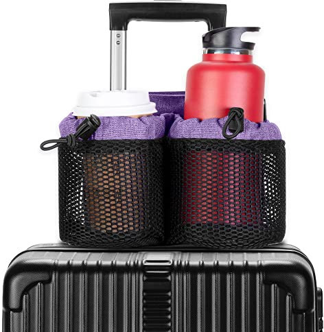 LoDrid Luggage Travel Cup Holder with 2 Coffee Mugs Tightening Drawsing, Drink Caddy for Luggage Suitcase Flight Attendant and Travelers, Free Your Hands, Fits Most Suitcase Handles, Purple