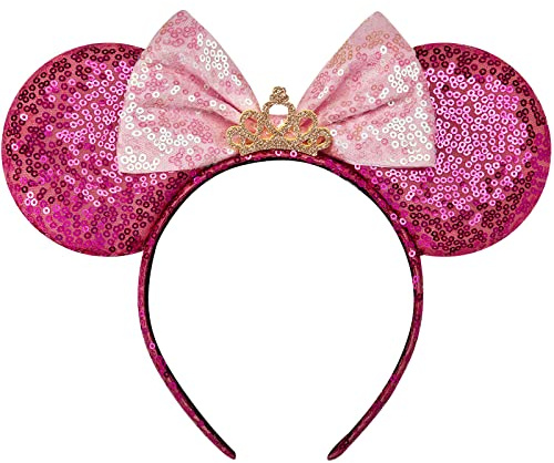 RAZKO Minnie Ears Headband, Sequin Mickey Ears Headband for Women Girls, Rose Red Crown L