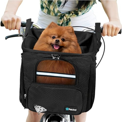 PetAmi Hunde-Fahrradkorb, weiche Seiten, belüfteter Fahrradträger-Rucksack, Haustierkorb für Lenker, kleine & mittlere Hunde, Katzen, Kätzchen, Autositz mit Gurt, Max 8,2 kg, Schwarz