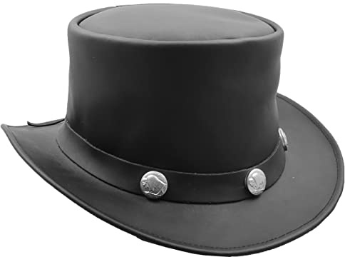Real Cow Leather Top Hat Black Buffalo Coins Band Steampunk Magician Hats HL0011