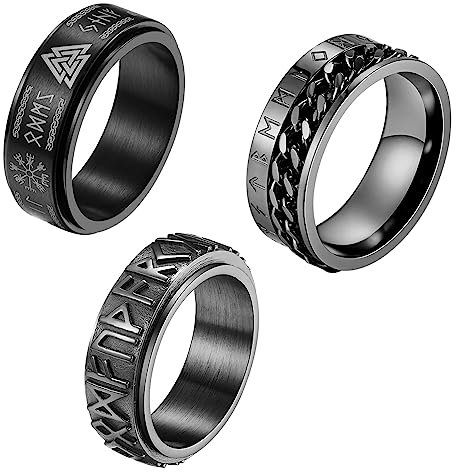 Flongo 3 Stücke Runenringe Set Fidget Ring 8mm Edelstahl drehbar Spinning Bandring Anti Angst Ringe mit Kubanischer Kette Punk Wikinger Zappelring für Damen Herren Fingerring zu Geburtstag schwarz