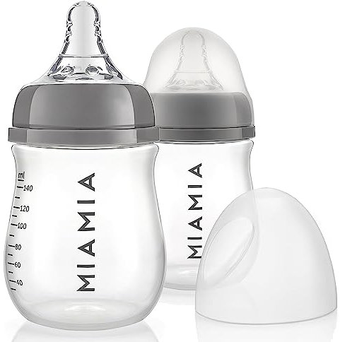 MiaMia Babyflaschen 2x 140 ml | 2er Set Flaschen mit weichem Silikon-Trinksauger | BPA-frei & Anti-Kolik | Ab 0 Monate | Spülmaschinenfest