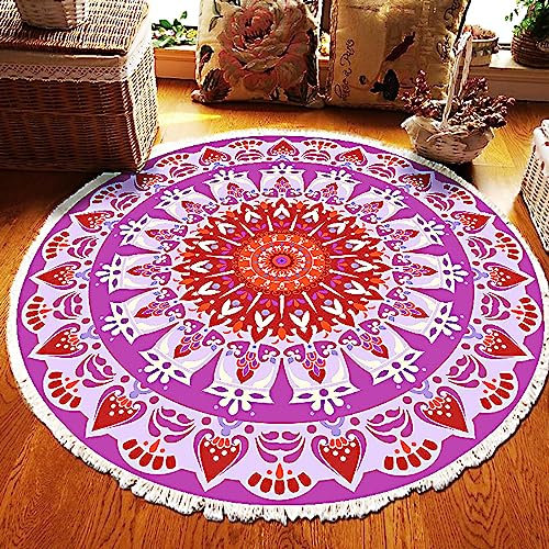 Mendala Teppich Rund Wohnzimmer Boho Bedruckte Lila Rot Mandala Muster Runder rutschfest Abwaschbar Teppich für Schlafzimmer Balkon Flur Kinderzimmer Esszimmer 100 cm