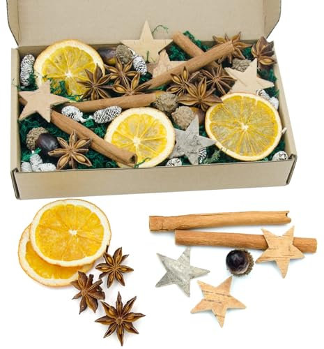 52 StüCk Potpourri Weihnachten Set, Weihnachtsdeko Basteln mit Zimtstangen, Orangenscheiben Getrocknet, Moos, Sternanis, Birkenscheibensternen, Tannenzapfen, Eicheln, Weihnachtsdeko Adventskranz Deko