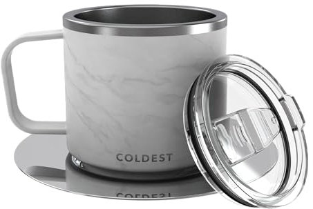 Stackable Insulated Espresso Cup with Saucer by Coldest - Insulated Triple Wall Travel Stainless Steel Travel Double Shot Espresso Coffee Mug with Sliding Lid (4 oz, Carrara Marble)
