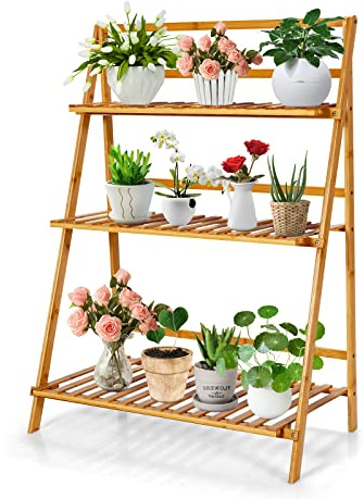 COSTWAY Support pour Plantes en Bambou Pliant à 3 Niveaux, Étagère Pliable pour Pot de Fleurs Chaque Étagère Charge 15KG, Escalier à Plantes pour Salon Jardin Balcon Porche