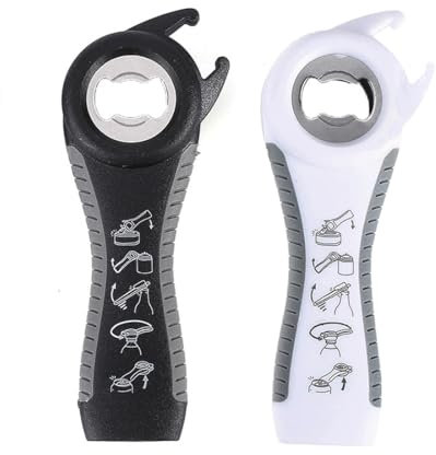 utensile multiuso 5 in1, apribottiglie, apriscatole, attrezzo multifunzione con impugnatura ergonomica per persone destre e mancine, P-10009-Nero/Bianco
