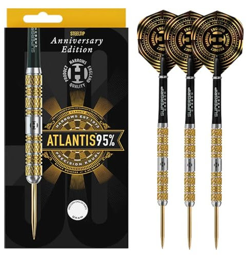 Harrows Atlantis Darts-Set mit 95% Wolframstahlspitze. Erhältlich in 22 g, 24 g und 26 g – inklusive Midi-Supergrip-Carbonschäften und 100-Mikron-Flights zum neuen Jubiläum (26g)