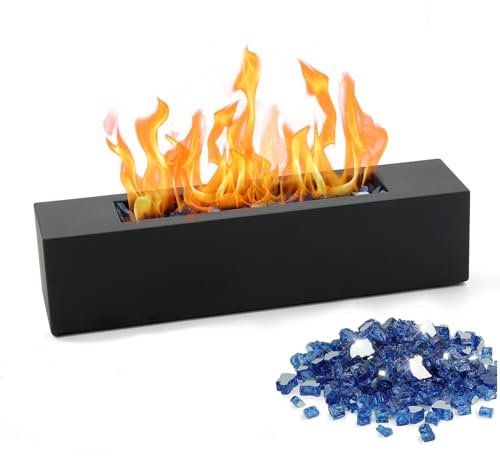 BRIAN & DANY Tisch-Feuerstelle, Beton-Tisch-Feuerstelle mit 1,27 cm blauem Schotter, schwarzer rechteckiger Ethanol-Tischkamin für drinnen und draußen, 37,8 x 8,4 x 8,4 cm