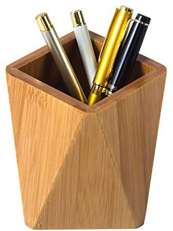 Tokastar Geometric Bamboo Pen Holder for desk Cute Pencil Cup Pot for Desktop (Bamboo)
