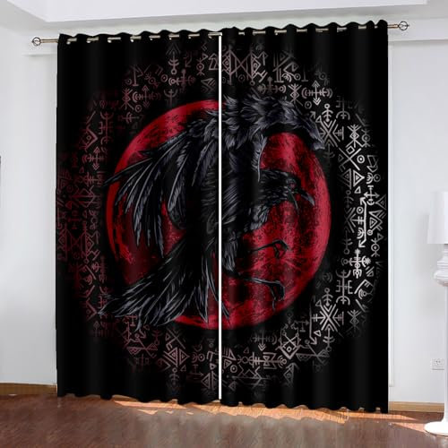 WIKINGER Gardinen ösenschal 2er Set B 234 X H 137 cm 3D Rabe Vorhang Blickdicht Kälteschutz Schallschutz Verdunkelung Wärmeisolierende Vorhänge für Wohnzimmer Schlafzimmer