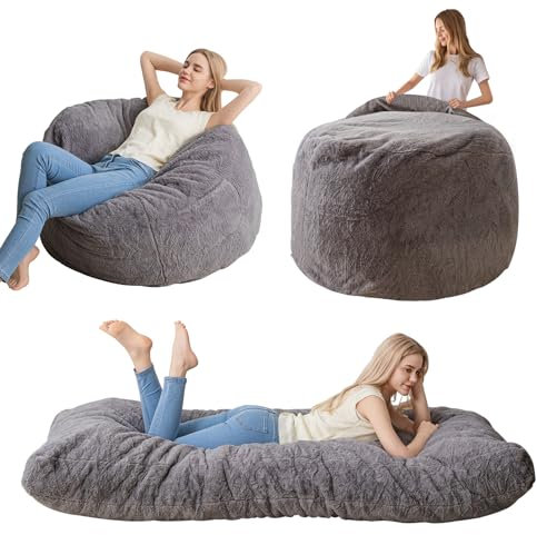 MAXYOYO Sitzsackbett – vom Sitzsack zum Bett umwandelbar – Schaumstoffsofa mit zotteligem Bezug und Flauschiger Füllung inklusive für Erwachsene, Jugendliche, Gäste (Anthrazit, Einzelbett)