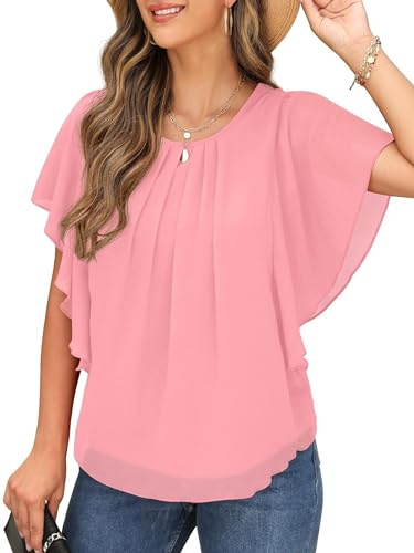 QIXING Camicette estive da donna, casual, con maniche a volant, ampie, scollo rotondo, in chiffon, da donna, tunica da donna UK