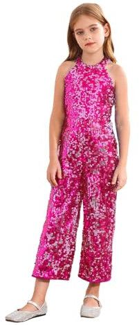 Agoky Mädchen Neckholder Pailletten Body mit Lange Hose Festlich Hochzeit Party Jumpsuit Overall Einteiler Hosenanzug mit Glitzer Geburtstag Outfit Hot Pink 146-152