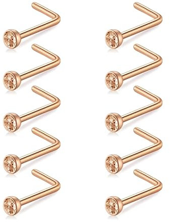 Decentraland 10 Stück Roségold-Roségold (Nasenring in L-Form), Nasenstecker aus chirurgischem Stahl/Titan für Damen-Nasenloch-Piercing-Schmuck, 20 g