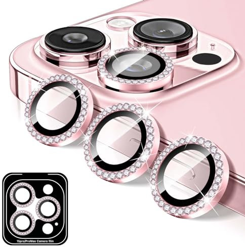 Kucheed Diamond Camera Lens Protector Compatible for iPhone 15 Pro15 Pro Max, Bling Tempered Glass Camera Cover, Individual Automatic Alignment Metal Rings, Glitter Phone Lens Cover Film Stickers