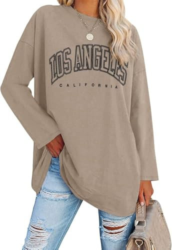 Ebifin Oversize Langarmshirt Damen Longshirt Rundhalsausschnitt Los Angeles Oberteil Langarm T Shirts Pullover Basic Tunika Tee Tops.Khaki.XL