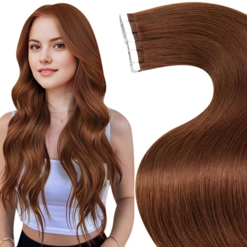 LaaVoo Tape Echthaar Extensions Rotbraun Extensions Tape Echthaar Invisible Haarverlängerung Echthaar Tape in Hair Extensions Human Hair Rot 35cm 40g 20pcs #33