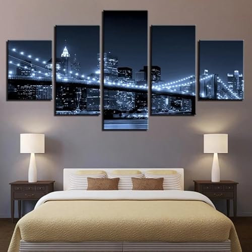 HATUROPO Moderne Bilder Wohnzimmer 5 Teiliger Landschaft Brooklyn Bridge New York City Nachtszene Poster Mit Rahmen Hd Für Heimdekoration Personalisierte Bilder Leinwandbilder Xxl