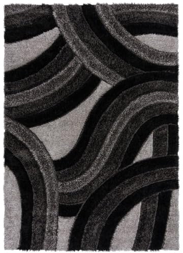 KADIMA DESIGN Hochflor-Teppich aus 100% recyceltem Polyester, handgeschnitzt und umweltfreundlich, mit Rutschfester Jute-Mix-Unterseite – NADD Kollektion Farbe: Grau-Schwarz, Größe: 160x230 cm
