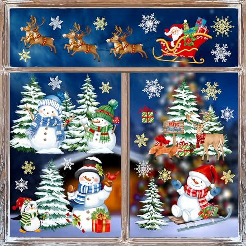 decalmile Weihnachten Fensteraufkleber Schneemann Rentier Fenster Abziehbilder Weihnachtsmann Weihnachtsbaum Anti-Kollision Fensterfolie Statische Aufkleber Schaufenster Vitrinen Glasfronten
