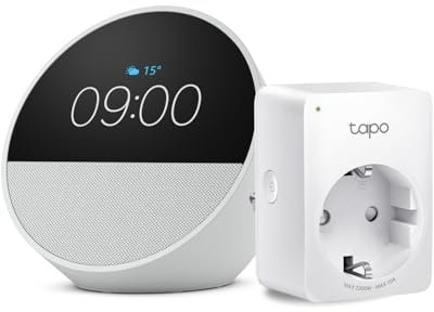 Echo Spot | Weiß + TP-Link Tapo P110MA WLAN-Steckdose mit Energieverbrauchskontrolle, Funktionert mit Alexa - Smart Home-Einsteigerpaket