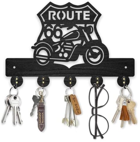 MAYJOYDIY Porte Clés Mural en Bois Route 66 de 30x20cm pour Moto Panneau de Signalisation Crochet pour Manteau Chapeau Style Cool 5 crochets en Alliage pour Entrée Porte D'Entrée Couloir Décoration