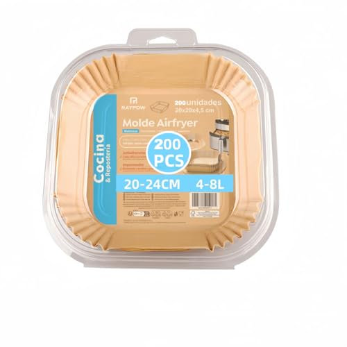 Papel Freidora Aire 20C200 Air Fryer Cudrado 200 Unidades 20-24 cm moldes Desechable para Horno BPA Free Accesorios para Freidora sin Aceite de 2 a 8 litros(20-24CM-Cuadrado-200 unidad)