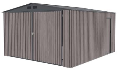 Gardiun Garage Métallique Surrey 15,96 m2 380x420x232 cm 1 Voiture | Double Porte Pliante, Porte Latérale et Aérations | Effet Bois