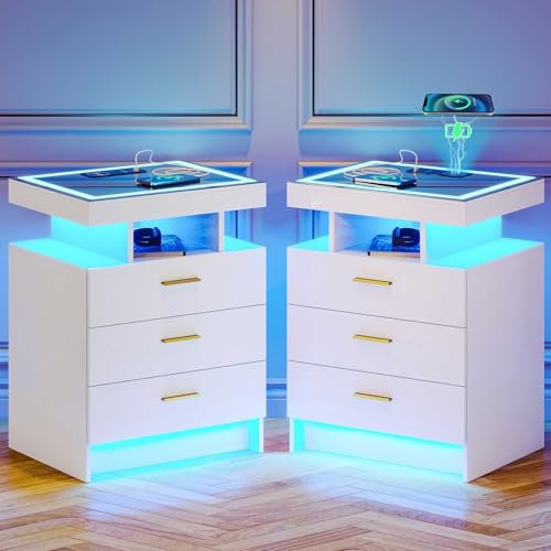 Lvifur Led 2er Nachttisch mit Ladefunktion,Smart Nachtschrank mit 3 Licht Dimmbar, Hochglanz Sideboard mit 3 Schubladen Type-C USB Automatischer Sensor Schlafzimmer Weiß