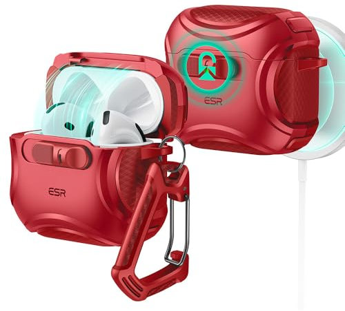 ESR für AirPods 4 Hülle, kompatibel mit AirPods 4 Gen (2024) (USB-C), kompatibel mit MagSafe, sturzsicherer Verschluss, einfaches Öffnen, Cyber Serie, Rot
